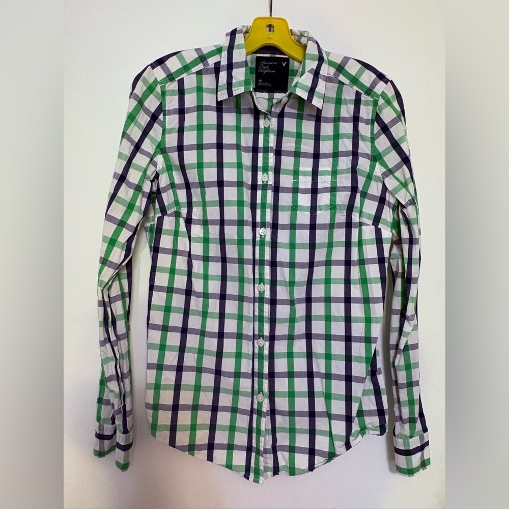 American Eagle Outfitters Blue White‎ Green Plaid Button Up Collared Shirt Sz 10